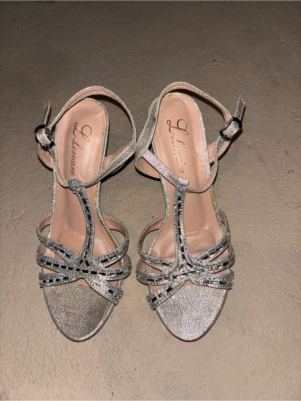 L. Lorrainne Silver Glitter T-Strap Evening Heels